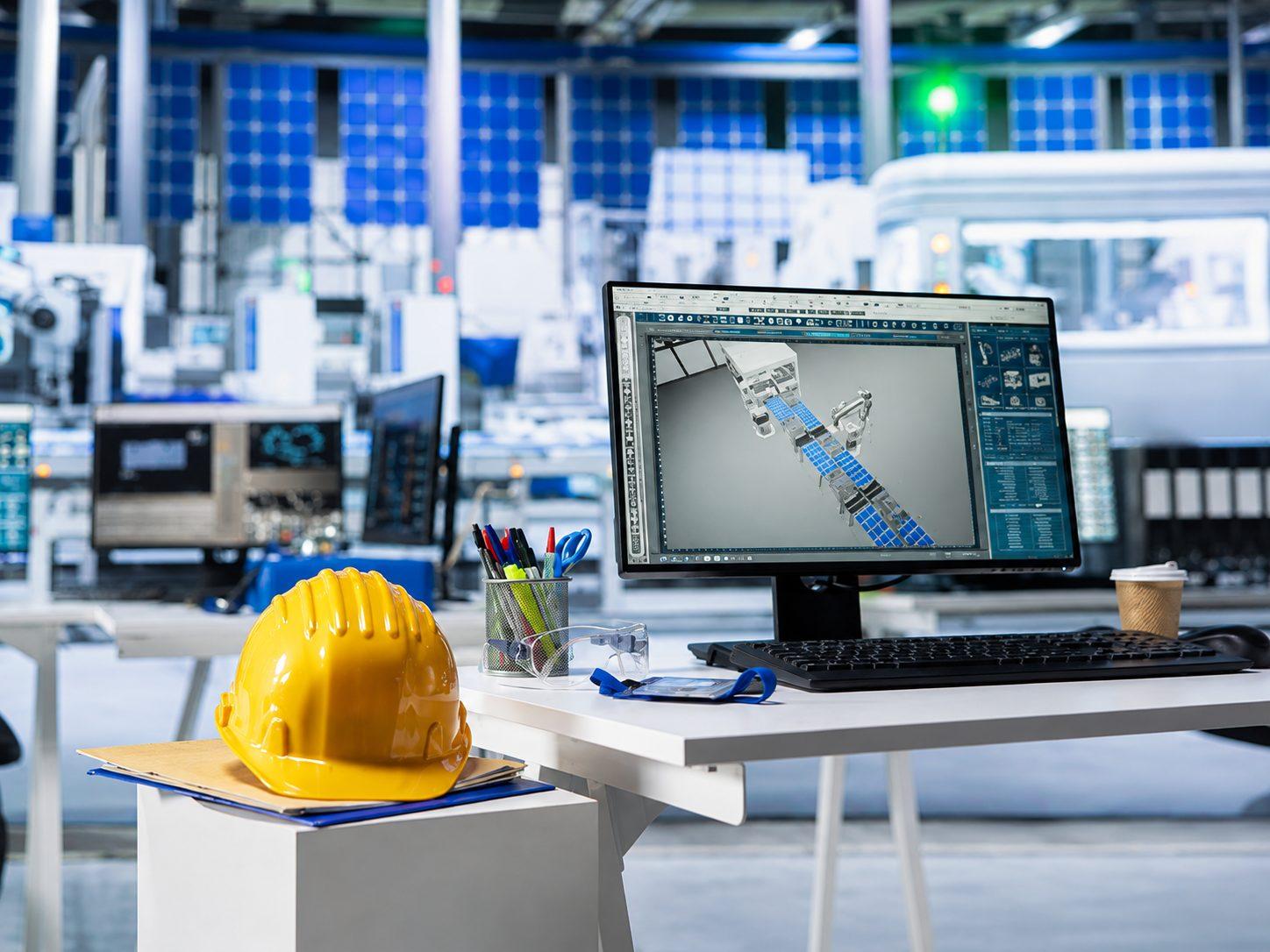 A CAD workstation beside an automated production floor