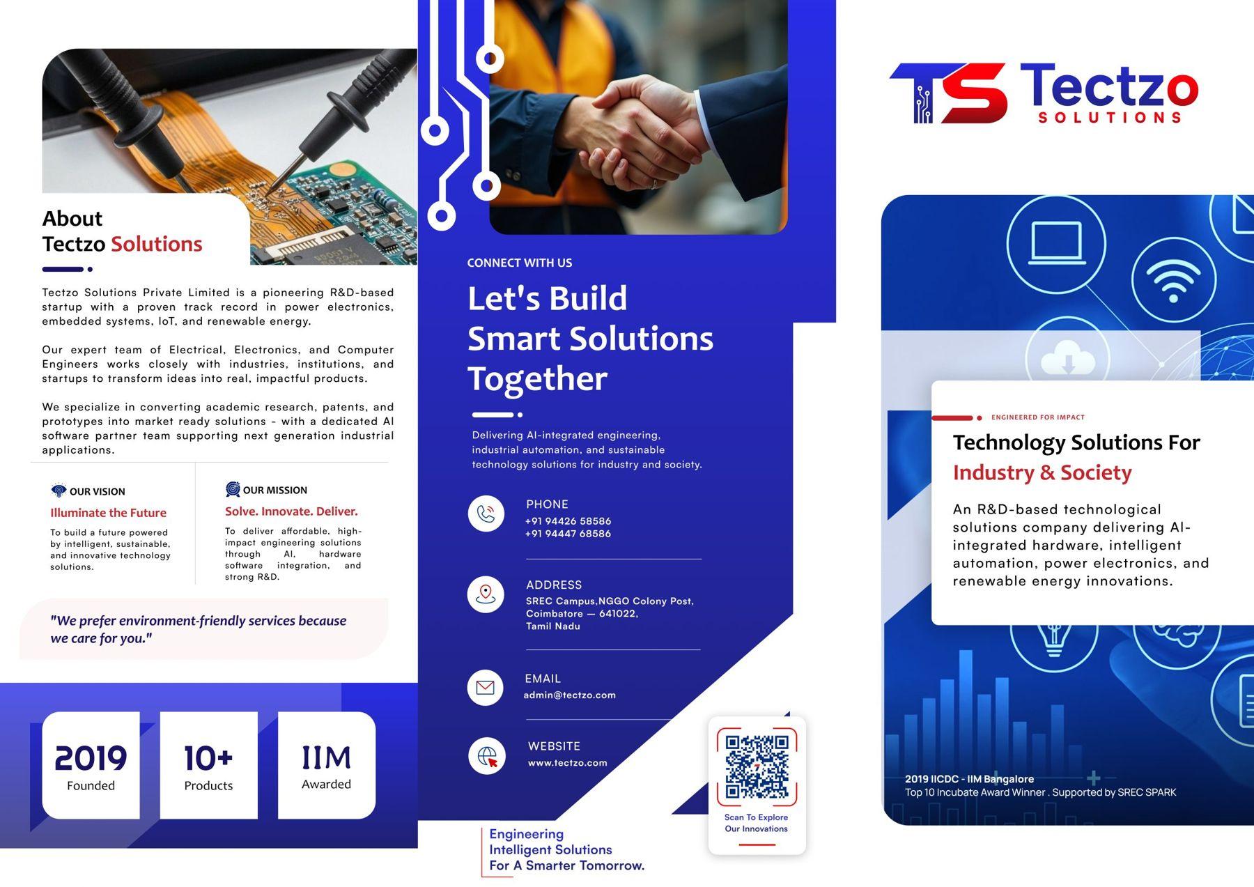 Outside of the Tectzo company brochure: the About Tectzo Solutions panel with vision and mission and the founding figures, the connect-with-us panel with phone numbers, address and email, and the cover reading Technology Solutions for Industry and Society.